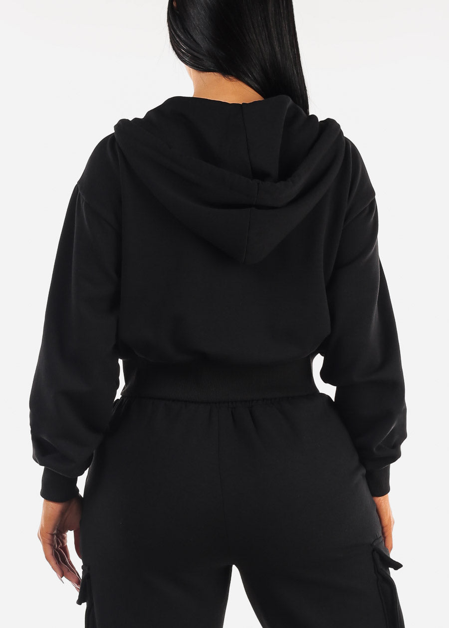 Zip Up Cropped Fleece Hoody Black