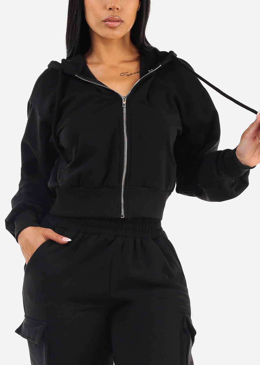 Zip Up Cropped Fleece Hoody Black