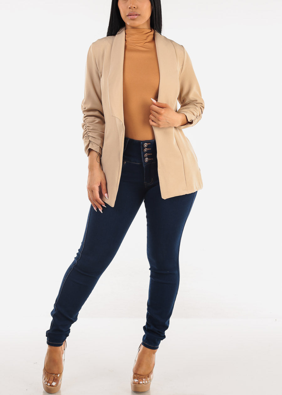 Long Sleeve Mock Neck Ruched Top Camel