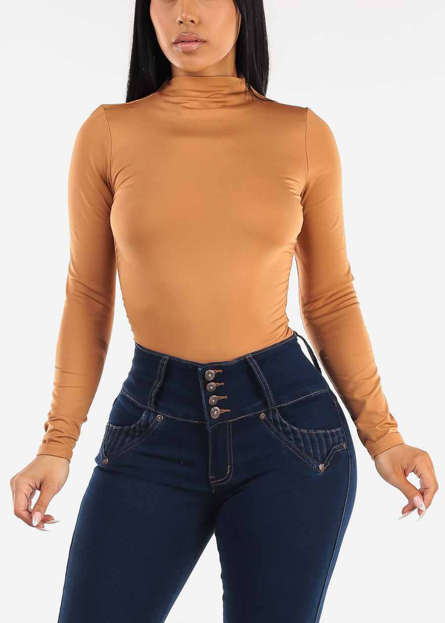 Long Sleeve Mock Neck Ruched Top Camel