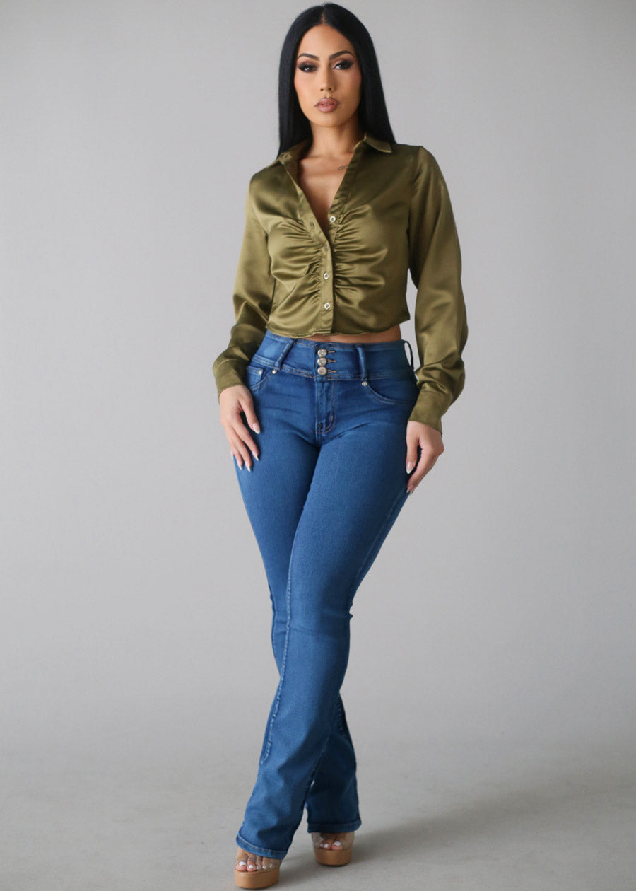 Ruched Long Sleeve Satin Cropped Blouse Olive