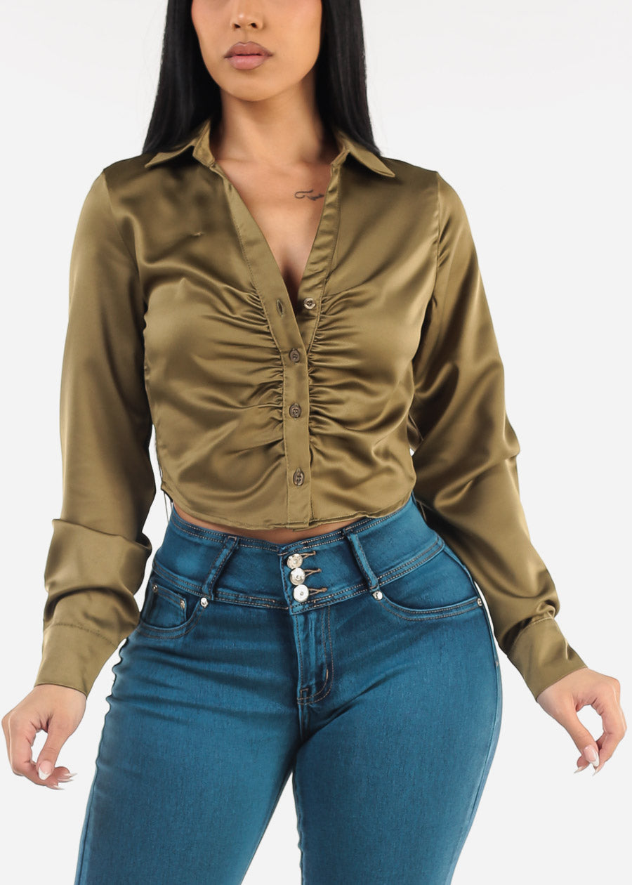 Ruched Long Sleeve Satin Cropped Blouse Olive