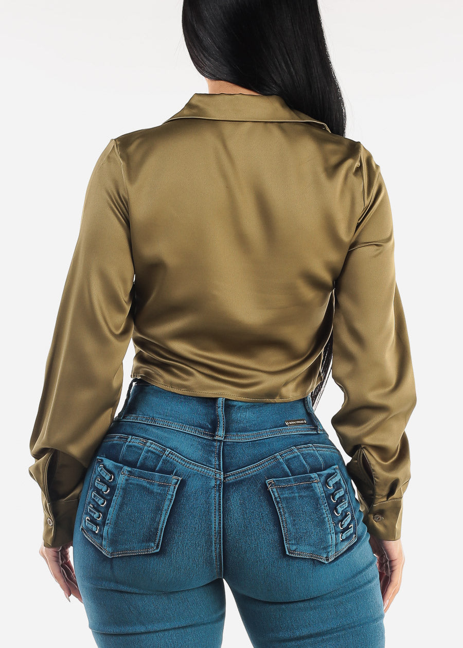 Ruched Long Sleeve Satin Cropped Blouse Olive