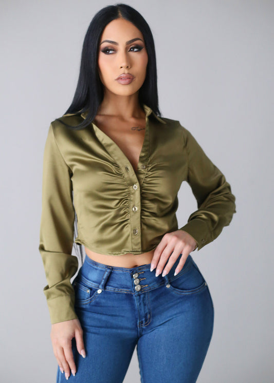 Ruched Long Sleeve Satin Cropped Blouse Olive