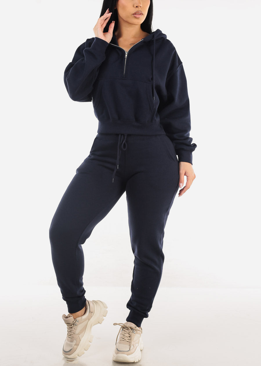 High Waist Fleece Jogger Pants Navy w Pockets