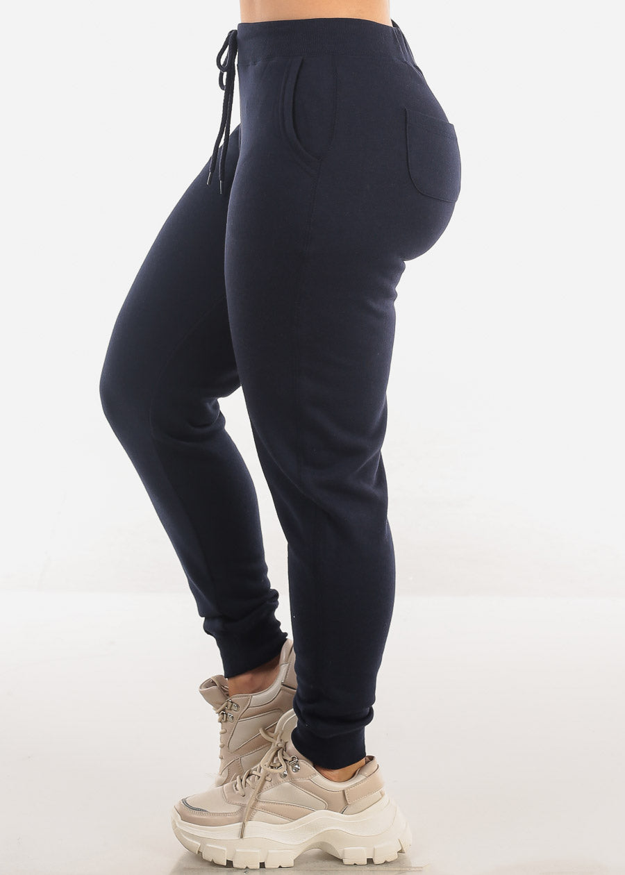 High Waist Fleece Jogger Pants Navy w Pockets