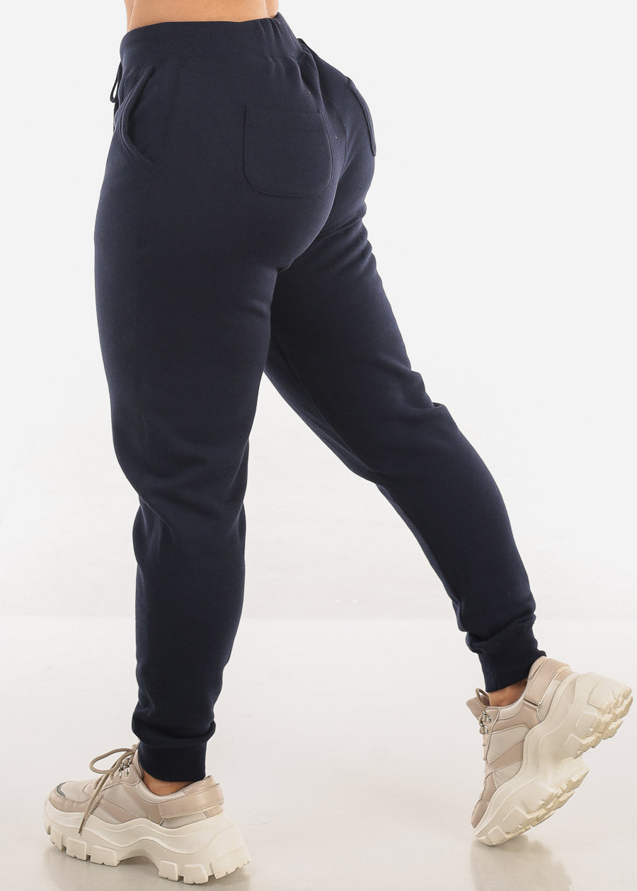 High Waist Fleece Jogger Pants Navy w Pockets