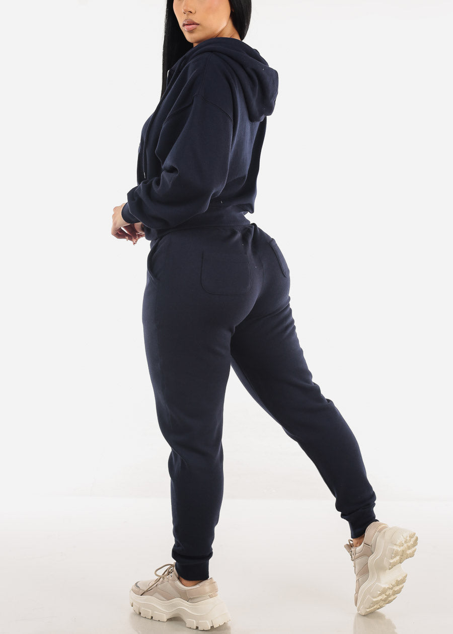 High Waist Fleece Jogger Pants Navy w Pockets