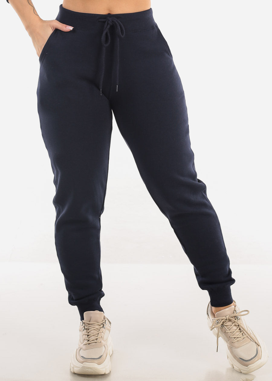 High Waist Fleece Jogger Pants Navy w Pockets