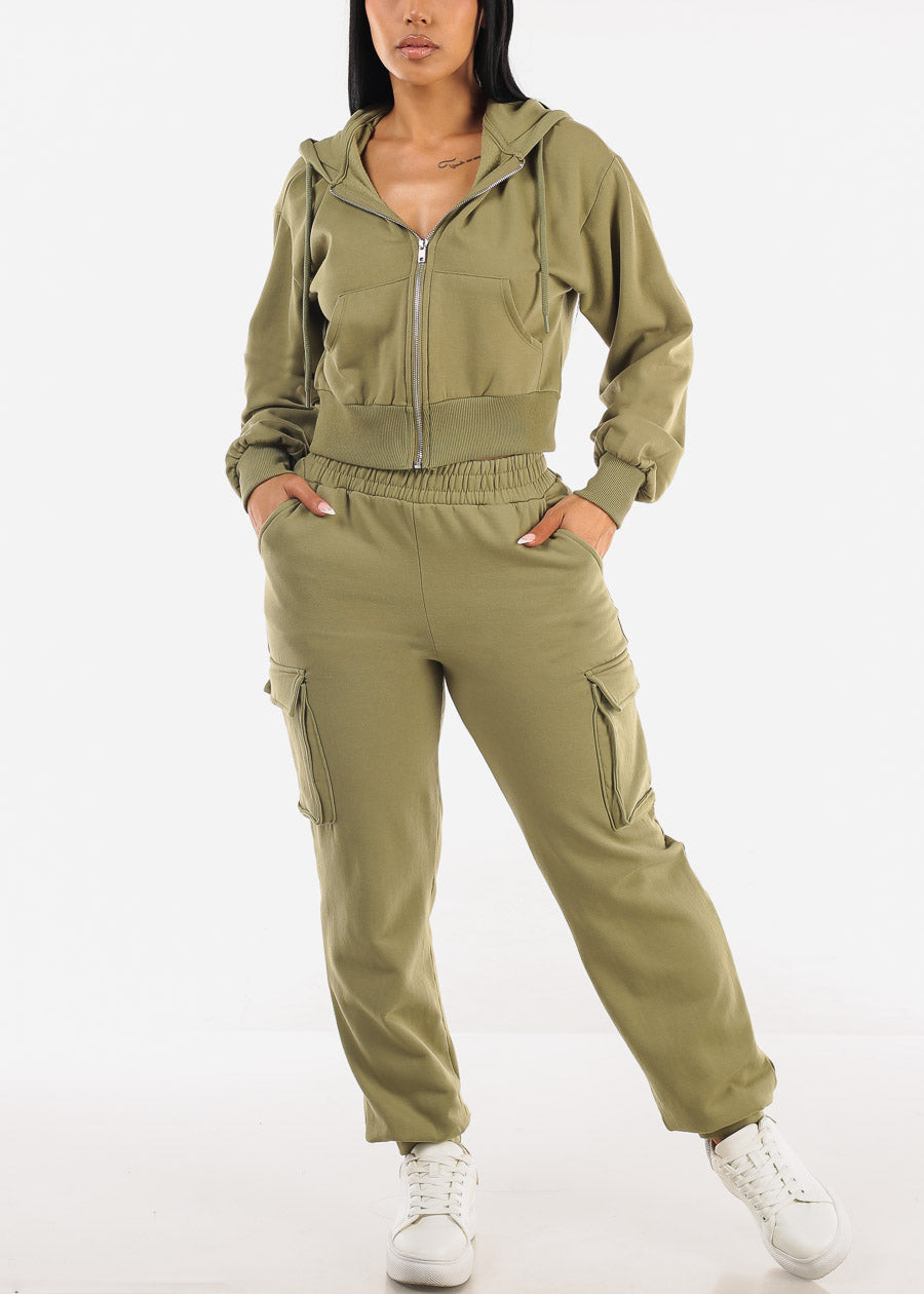 High Waist Fleece Cargo Sweatpants Olive