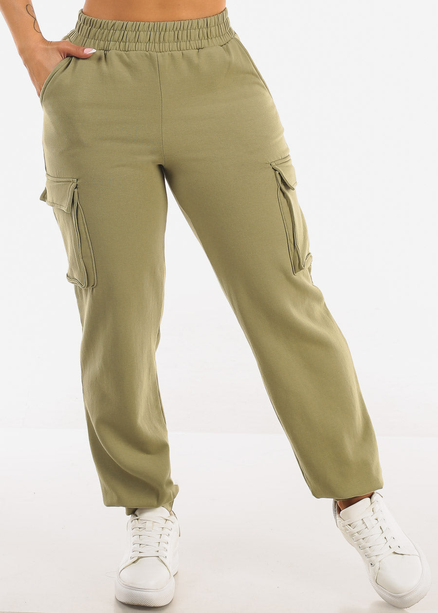 High Waist Fleece Cargo Sweatpants Olive