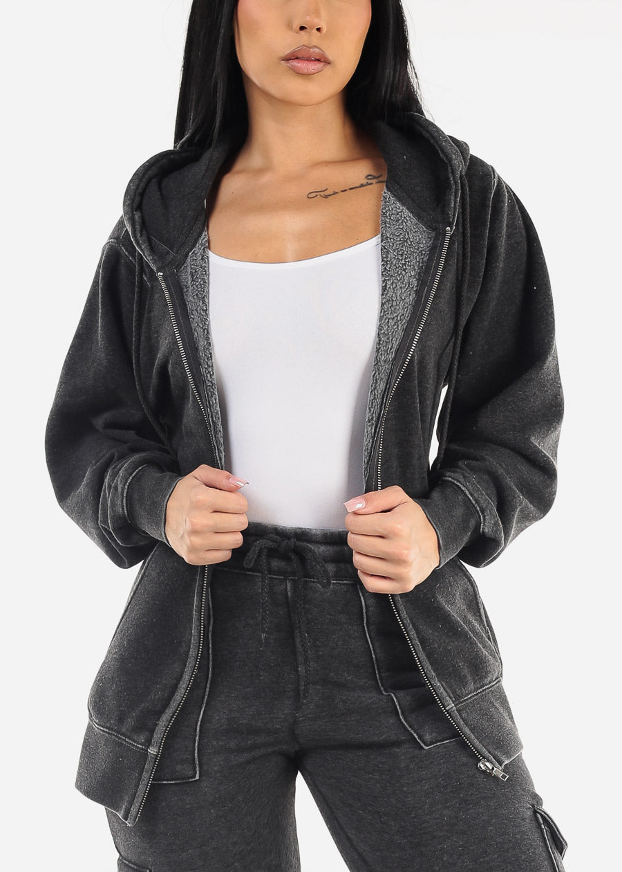 Oversized Zip Up Fleece Hoodie Charcoal