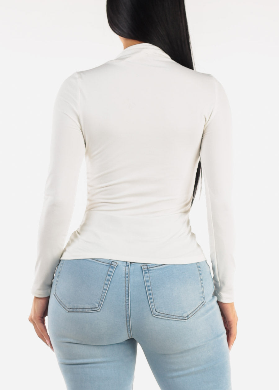 Long Sleeve Mock Neck Ruched Top White