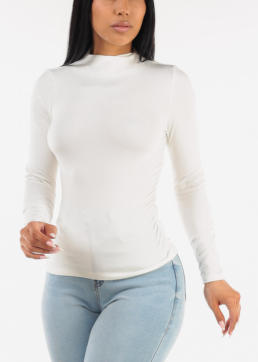 Long Sleeve Mock Neck Ruched Top White