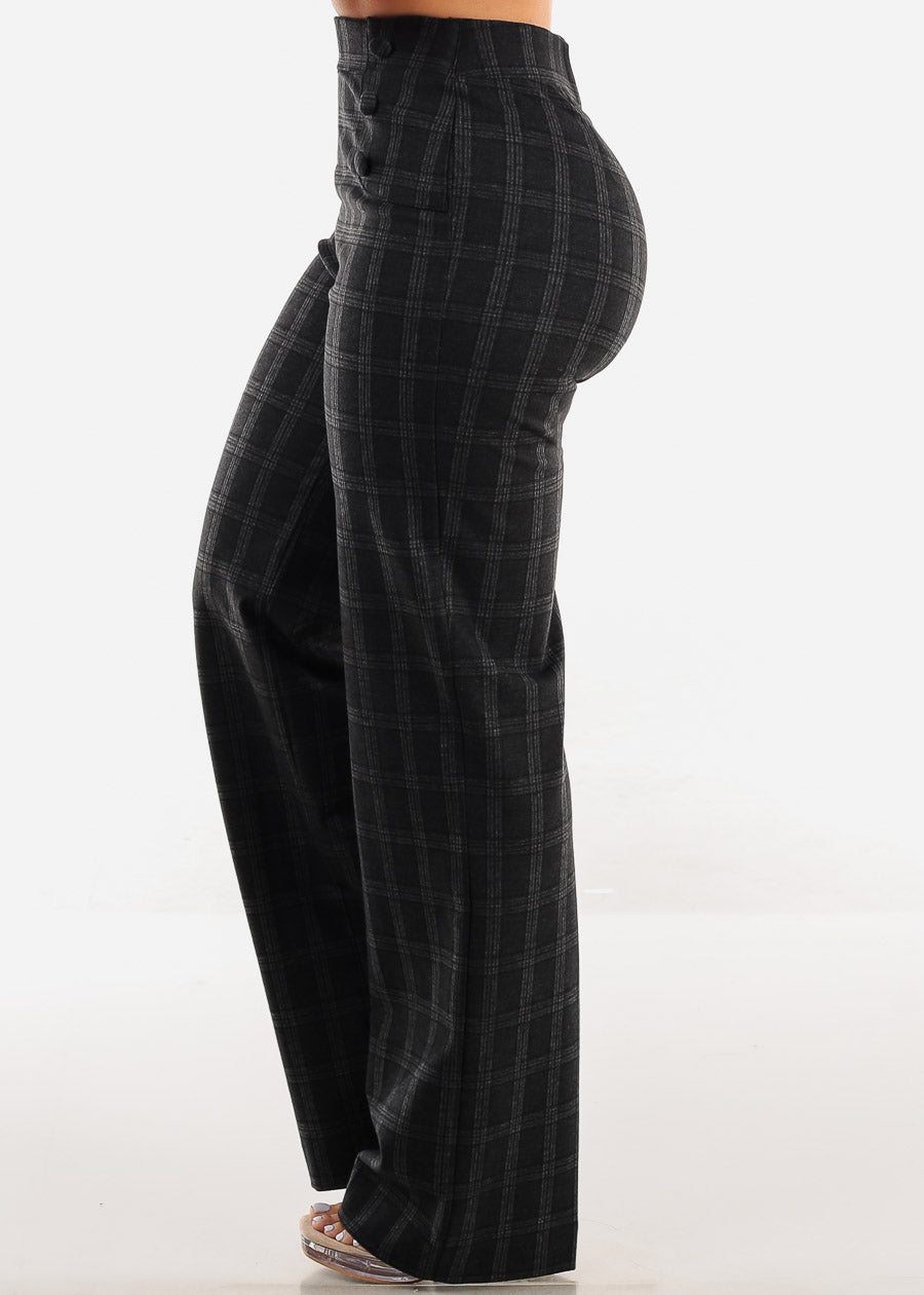 Super High Waist Plaid Straight Stretch Dressy Pants Charcoal