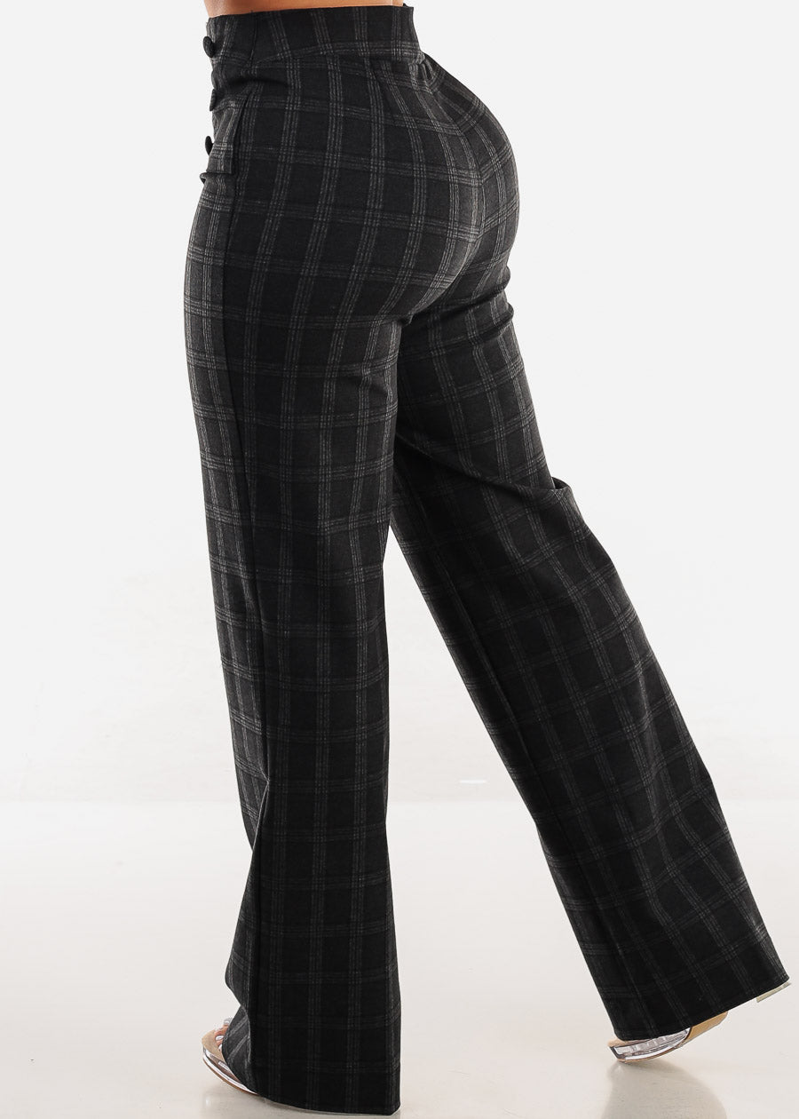 Super High Waist Plaid Straight Stretch Dressy Pants Charcoal