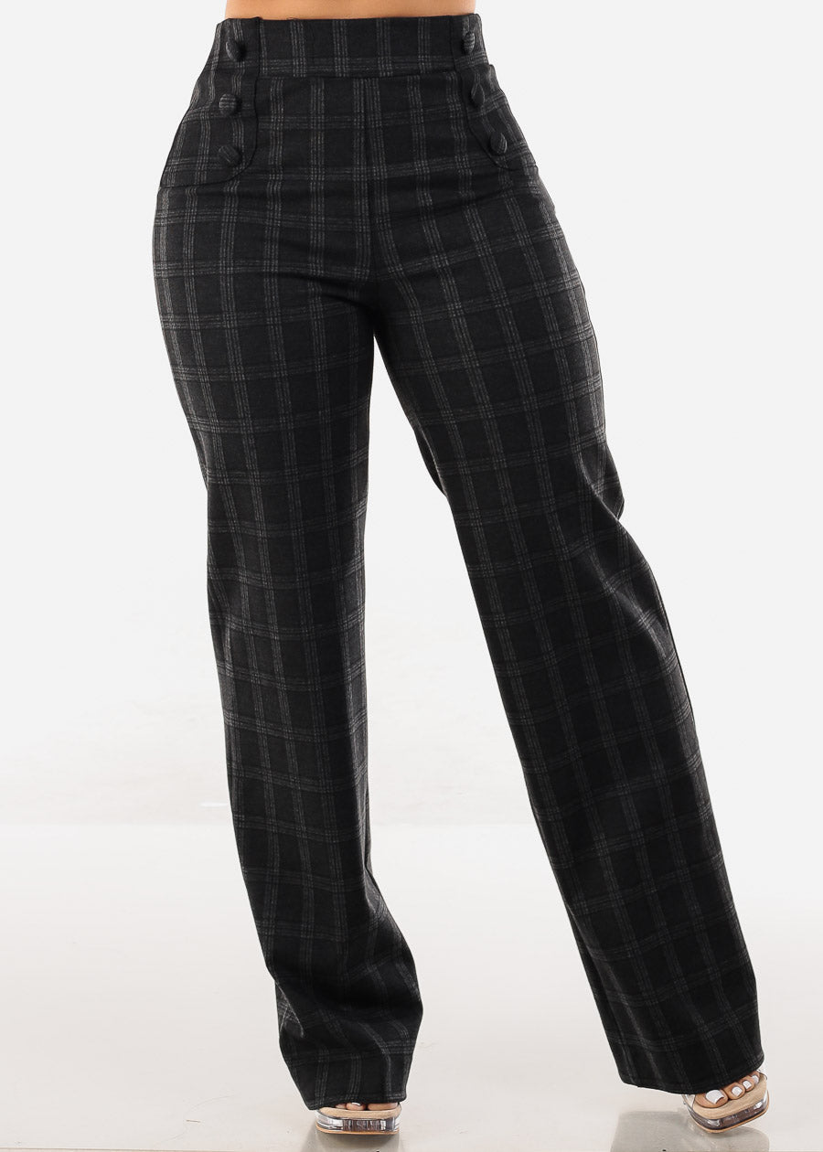 Super High Waist Plaid Straight Stretch Dressy Pants Charcoal