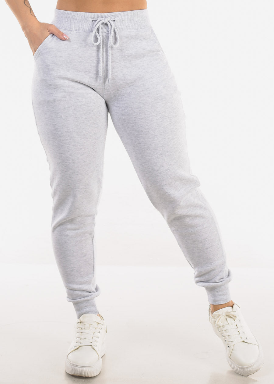 High Waist Fleece Jogger Pants Light Grey w Pockets