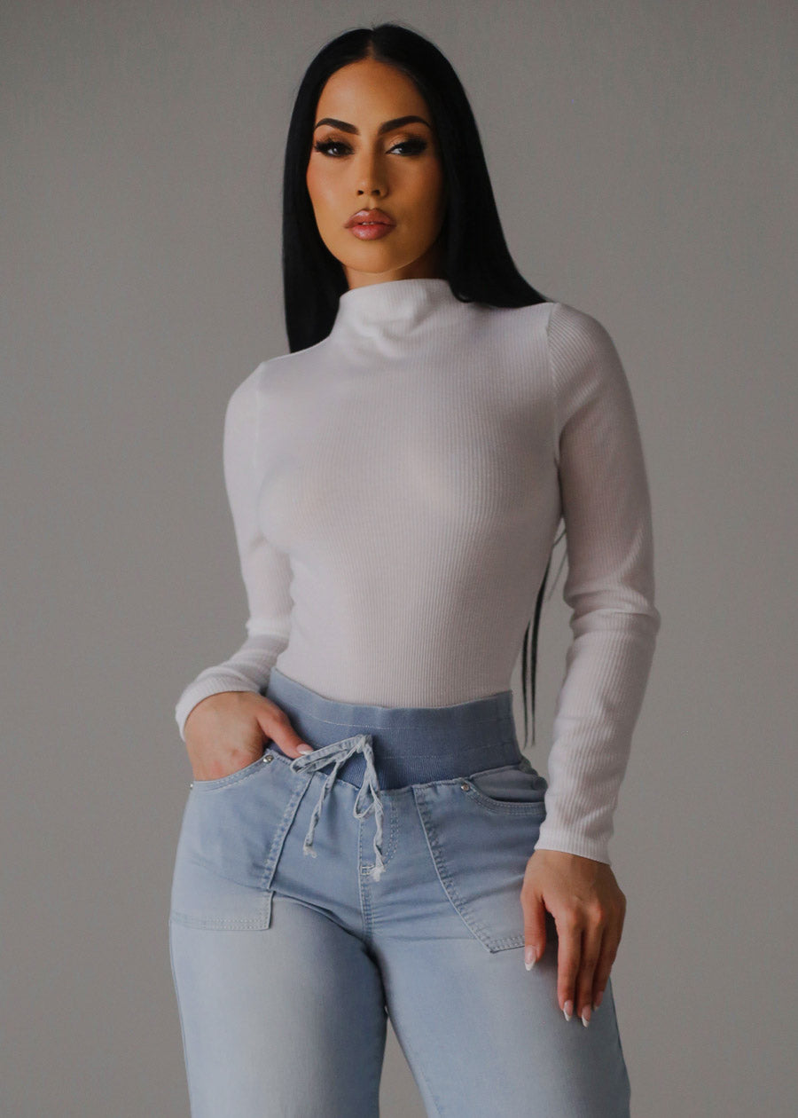 White Long Sleeve Mock Neck Ribbed Sweater Top