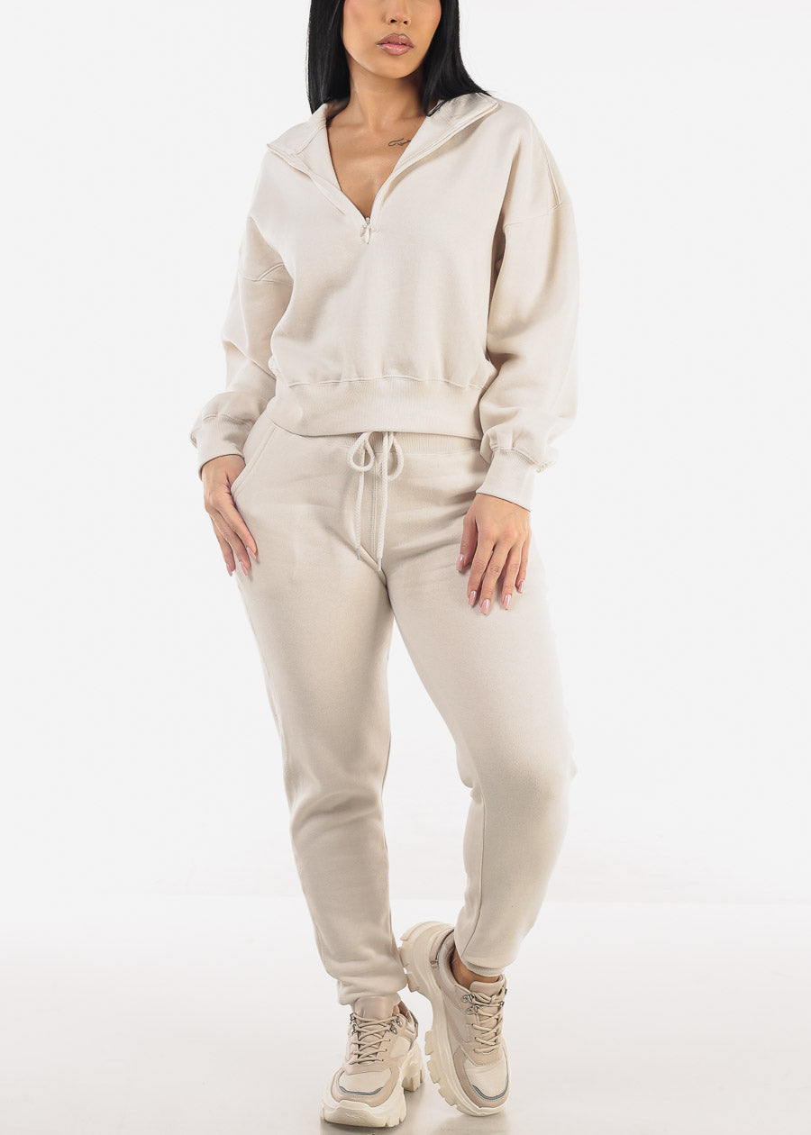 High Waist Fleece Jogger Pants Cream w Pockets