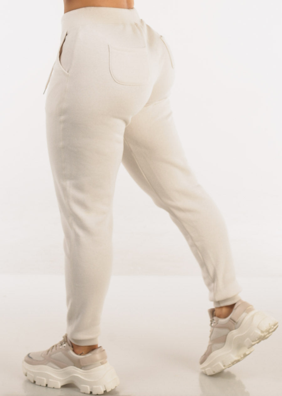 High Waist Fleece Jogger Pants Cream w Pockets