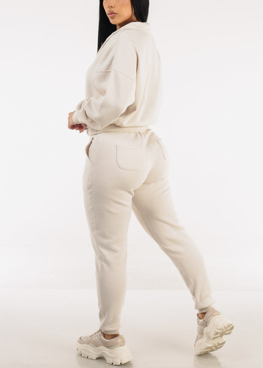 High Waist Fleece Jogger Pants Cream w Pockets