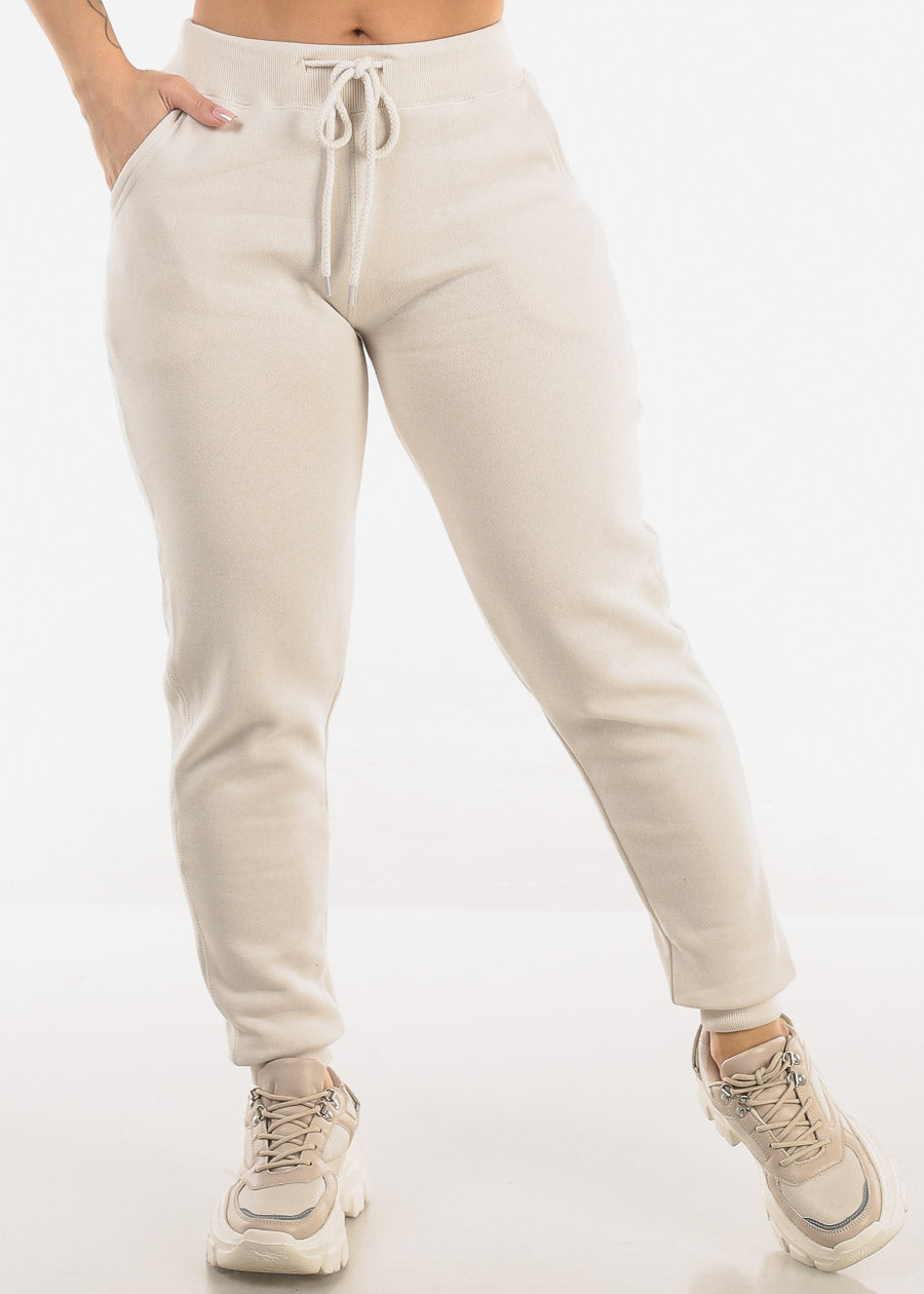 High Waist Fleece Jogger Pants Cream w Pockets