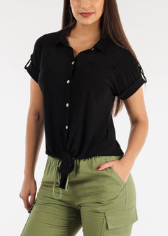 Black Short Sleeve Tie Front Button Up Shirt