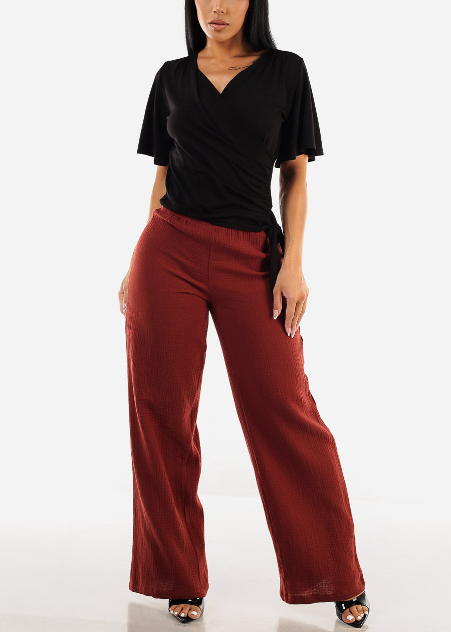 Super High Waist Wide Legged Cotton Pants Brick