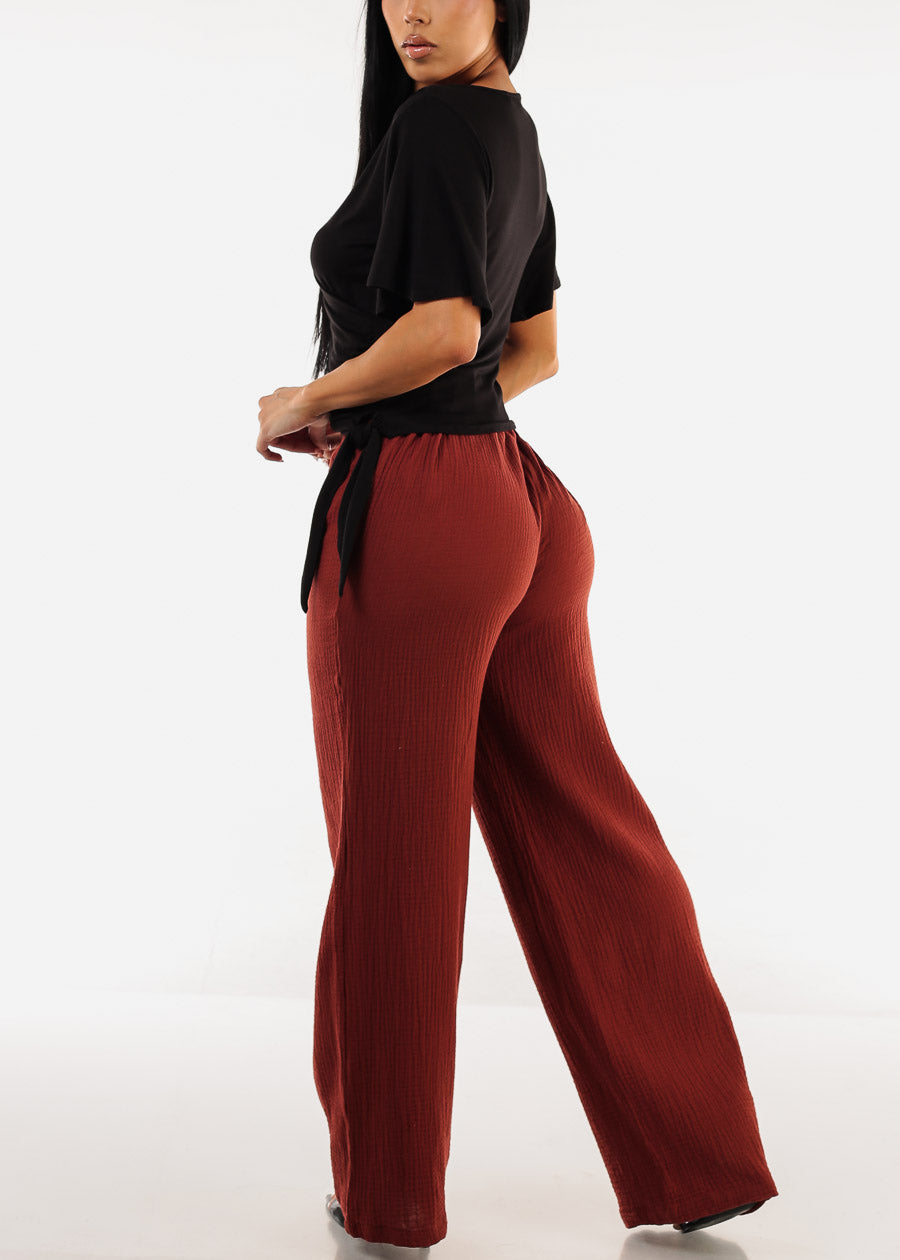 Super High Waist Wide Legged Cotton Pants Brick