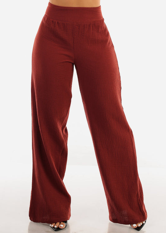 Super High Waist Wide Legged Cotton Pants Brick