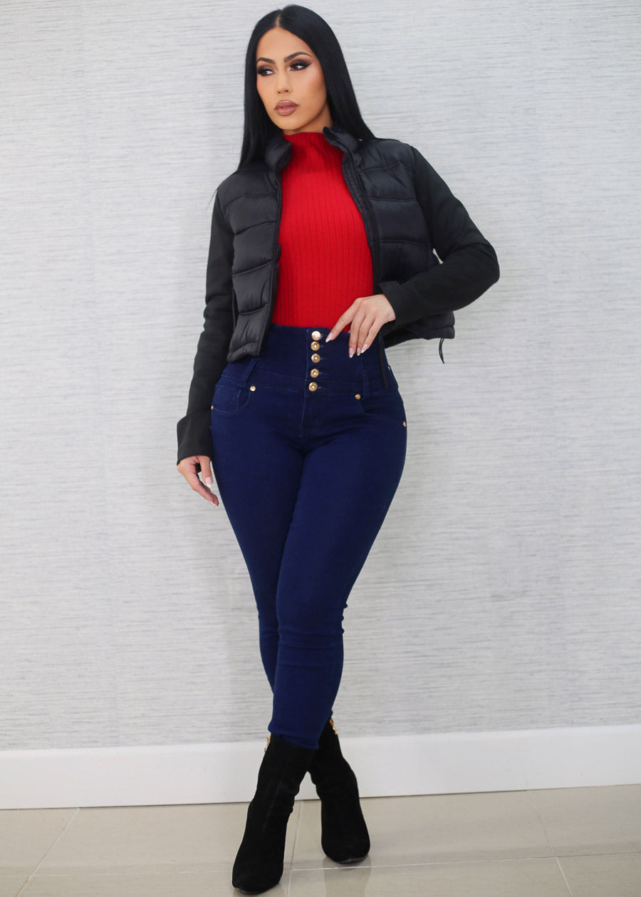 Black Long Sleeve Zip Up Cropped Puffer Jacket