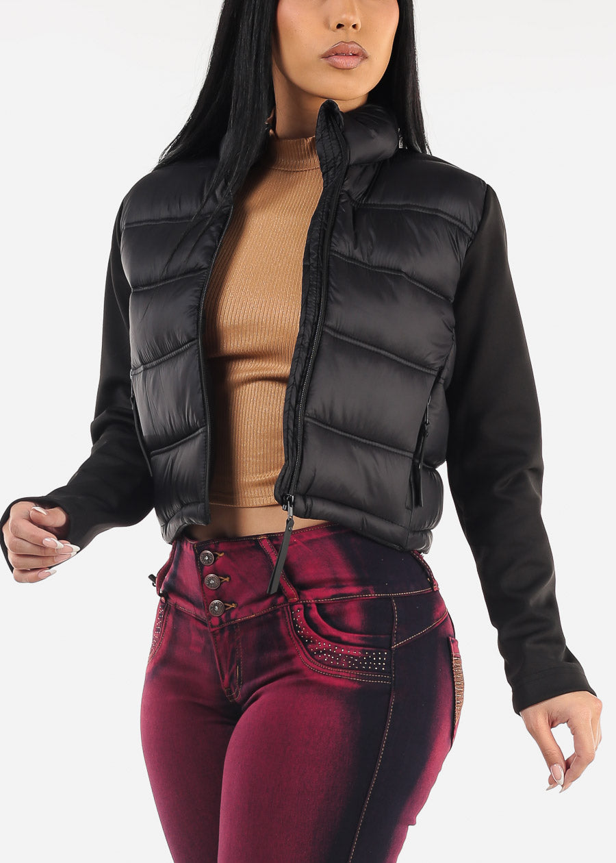 Black Long Sleeve Zip Up Cropped Puffer Jacket