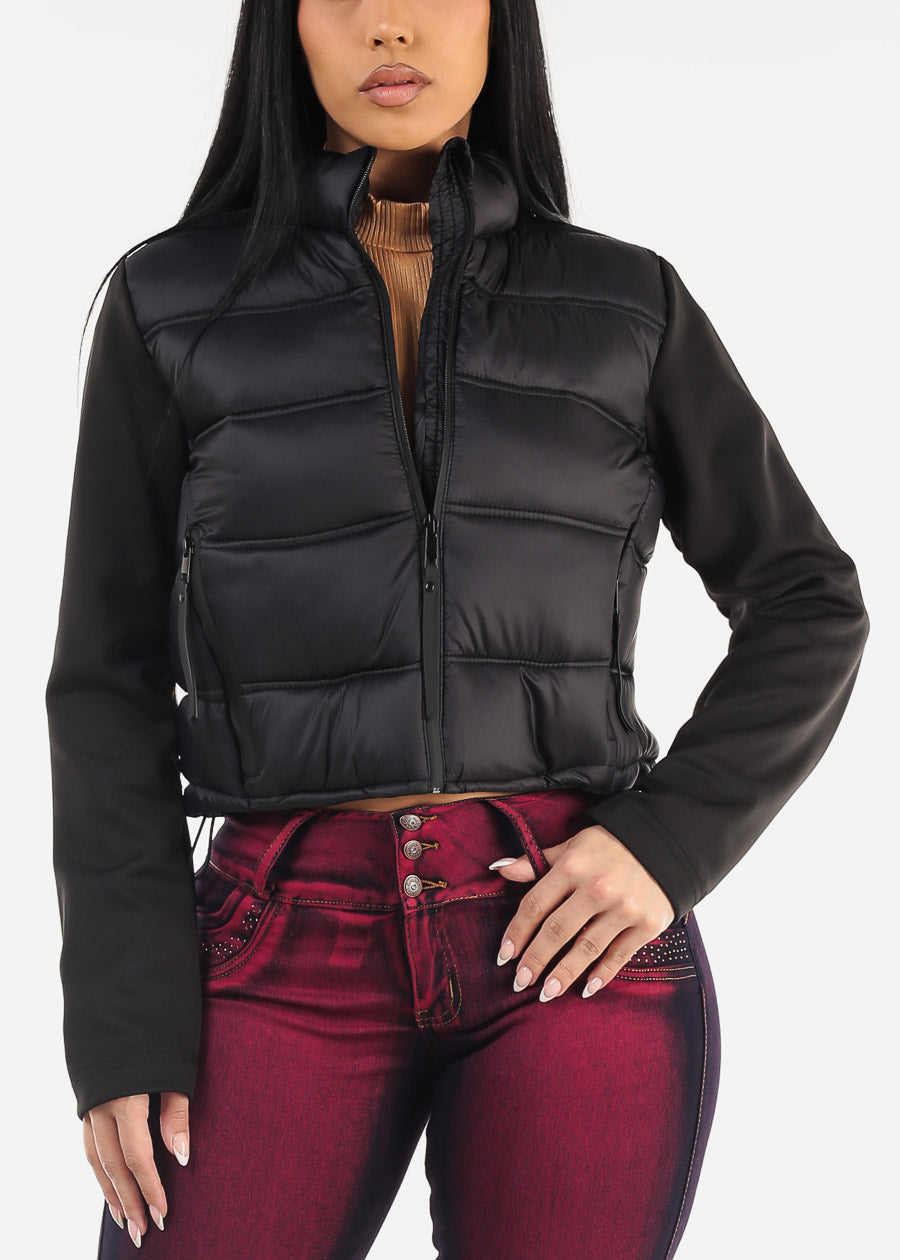 Black Long Sleeve Zip Up Cropped Puffer Jacket