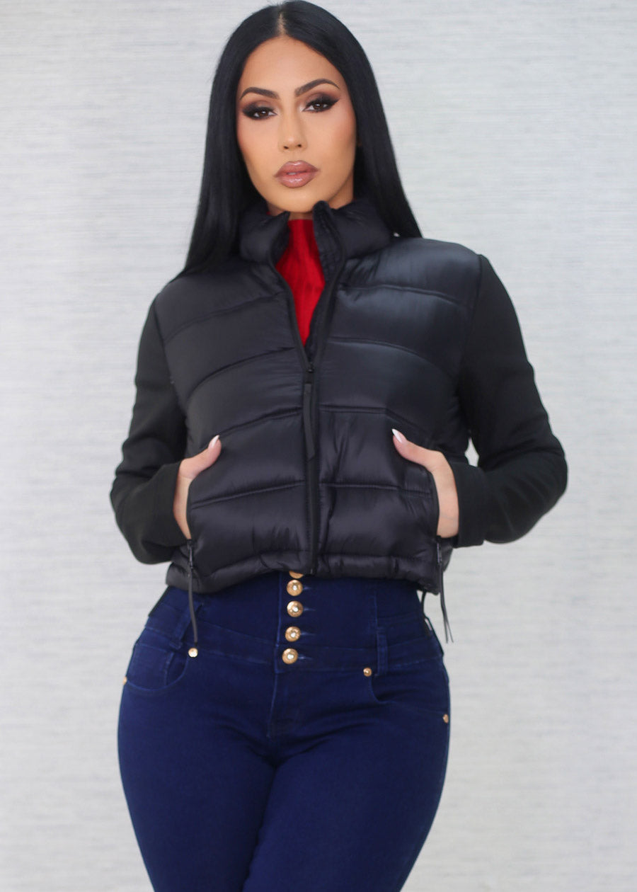 Black Long Sleeve Zip Up Cropped Puffer Jacket