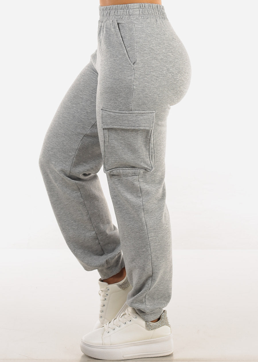 High Waist Fleece Cargo Sweatpants Grey