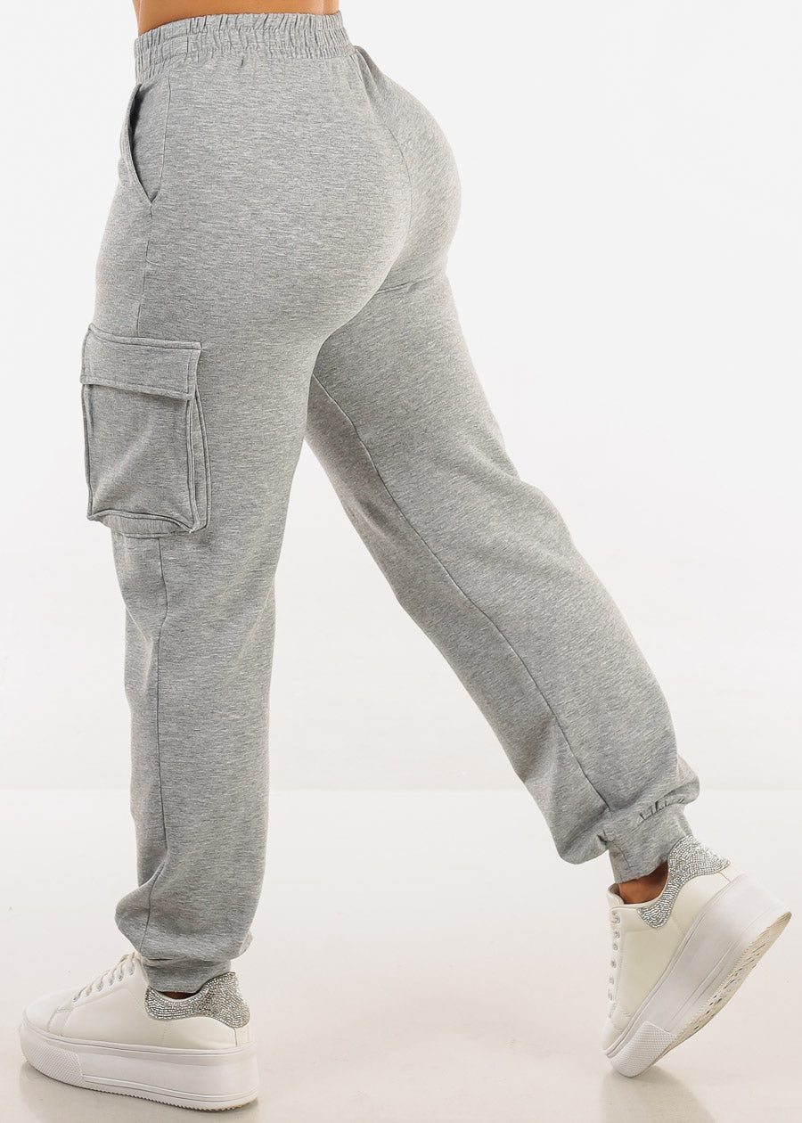 High Waist Fleece Cargo Sweatpants Grey