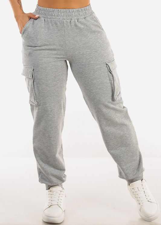 High Waist Fleece Cargo Sweatpants Grey