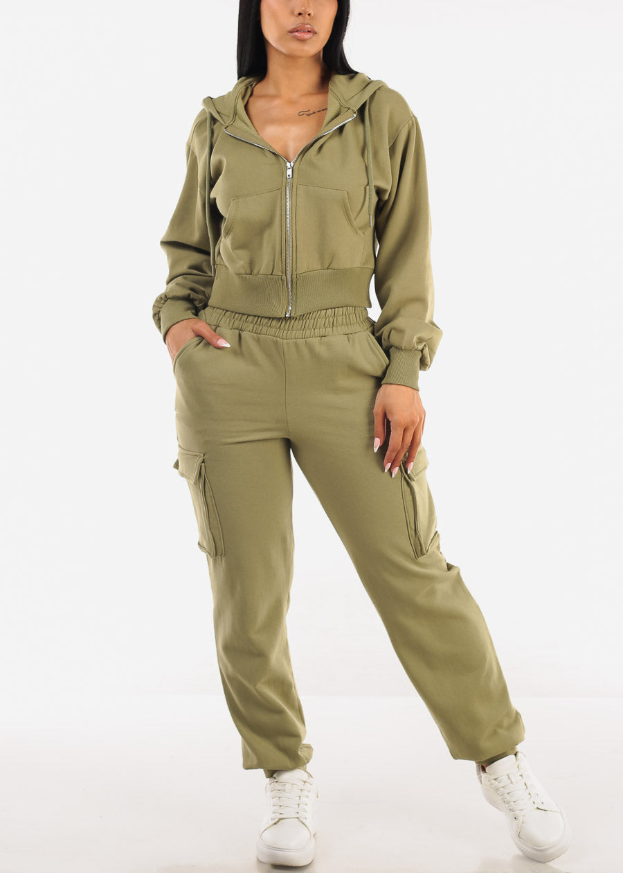 Zip Up Cropped Fleece Hoody Olive