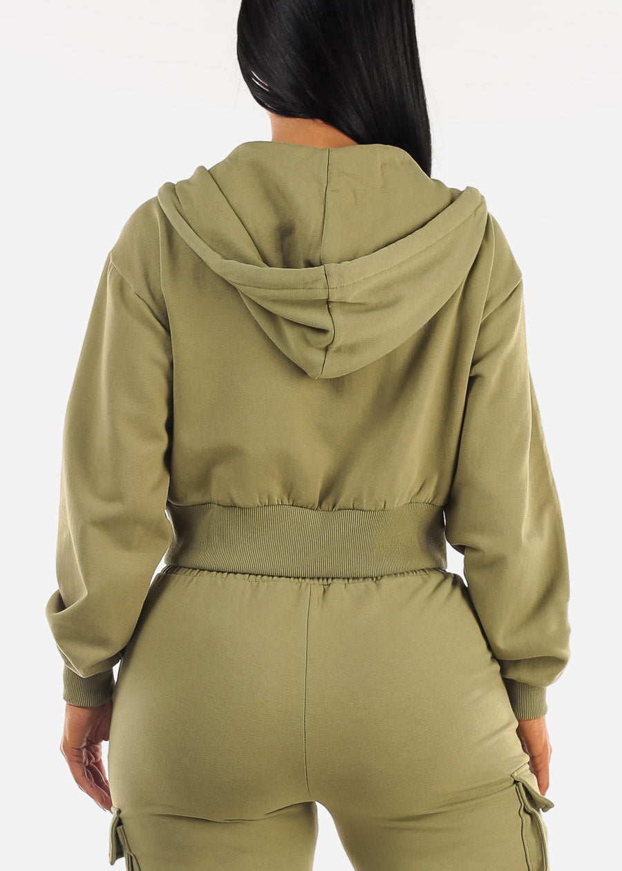 Zip Up Cropped Fleece Hoody Olive