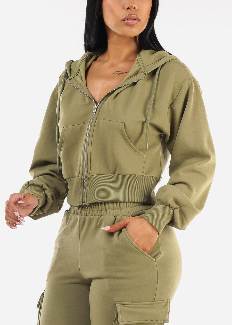 Zip Up Cropped Fleece Hoody Olive