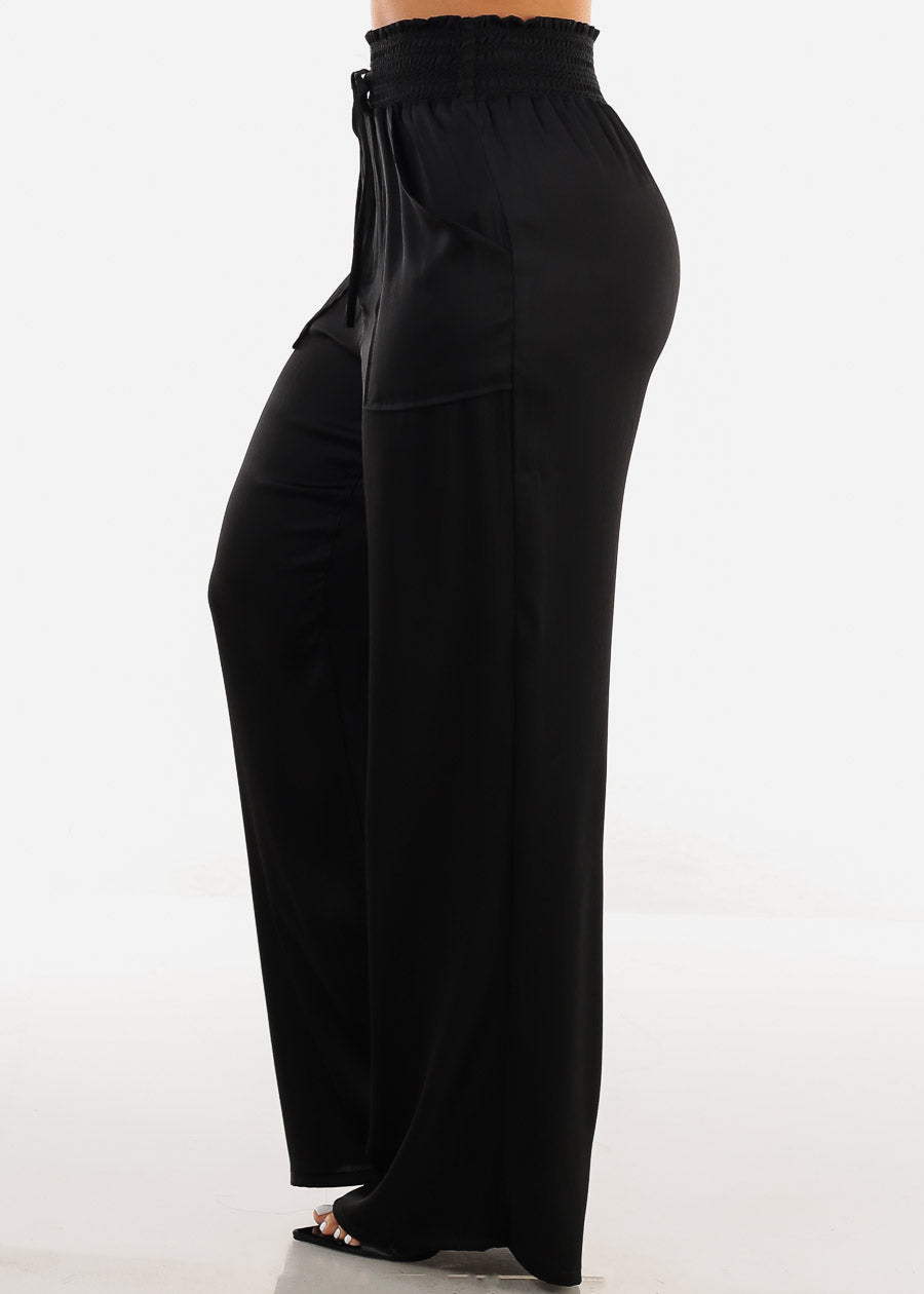 Black Smocked Waist Wide Legged Pants