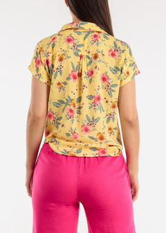 Tie Front Button Up Chiffon Floral Blouse Yellow