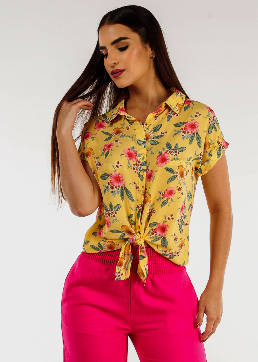 Tie Front Button Up Chiffon Floral Blouse Yellow