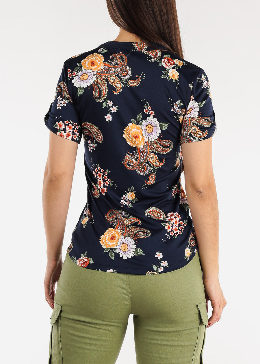 Short Sleeve Half Button Up Floral Blouse Navy
