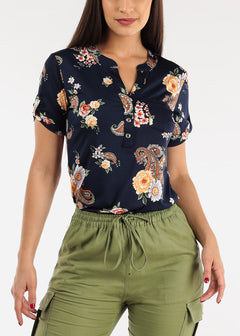 Short Sleeve Half Button Up Floral Blouse Navy