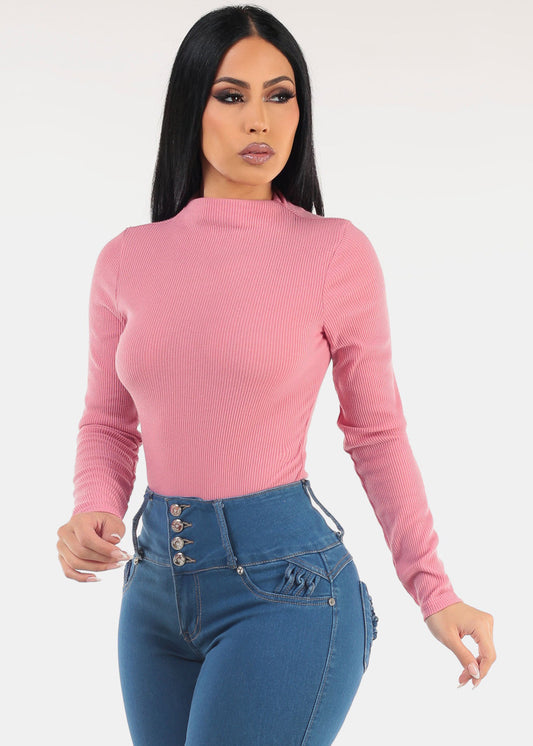 Long Sleeve Mock Neck Ribbed Sweater Top Pink