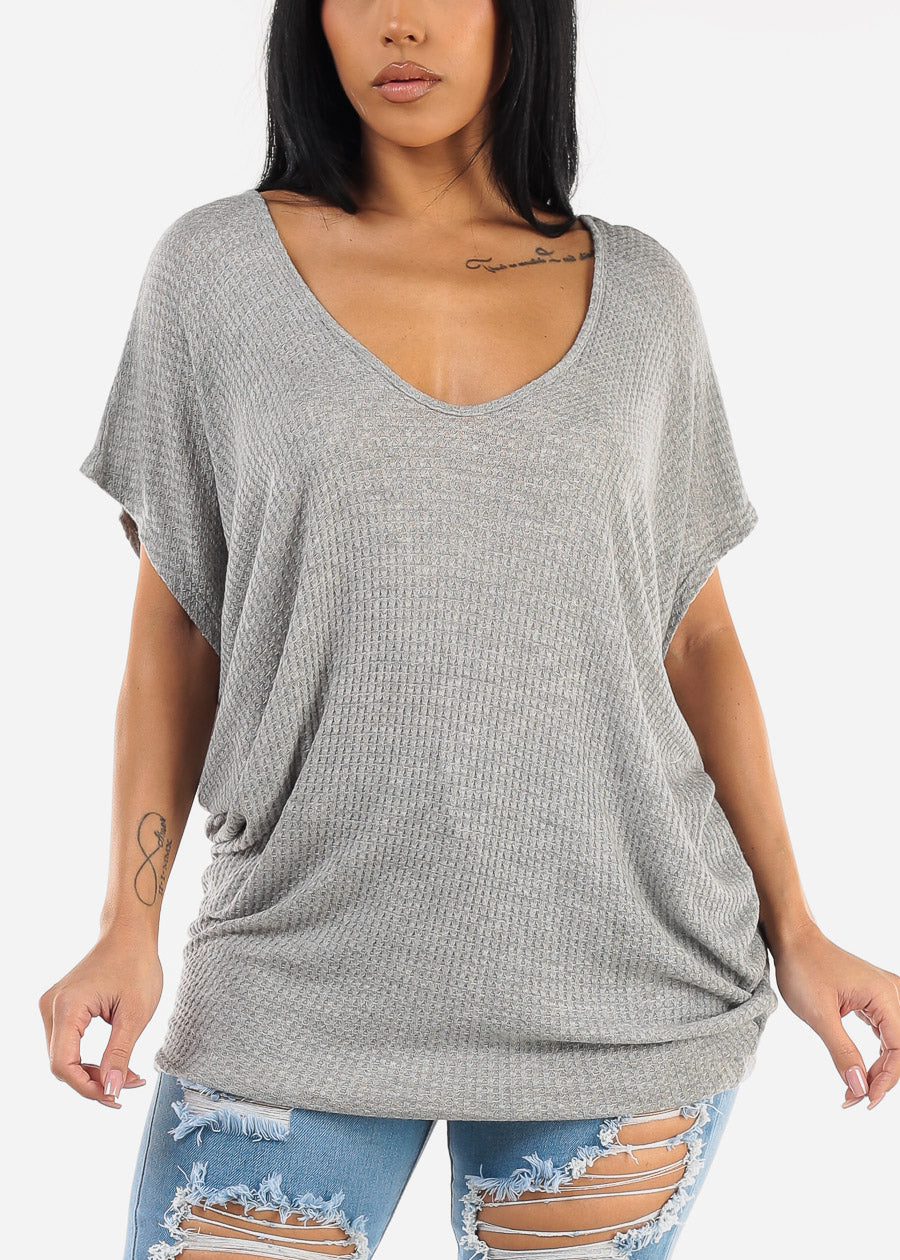 Short Dolman Sleeve Thermal Tunic Top Grey