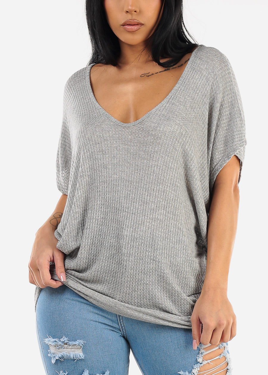 Short Dolman Sleeve Thermal Tunic Top Grey