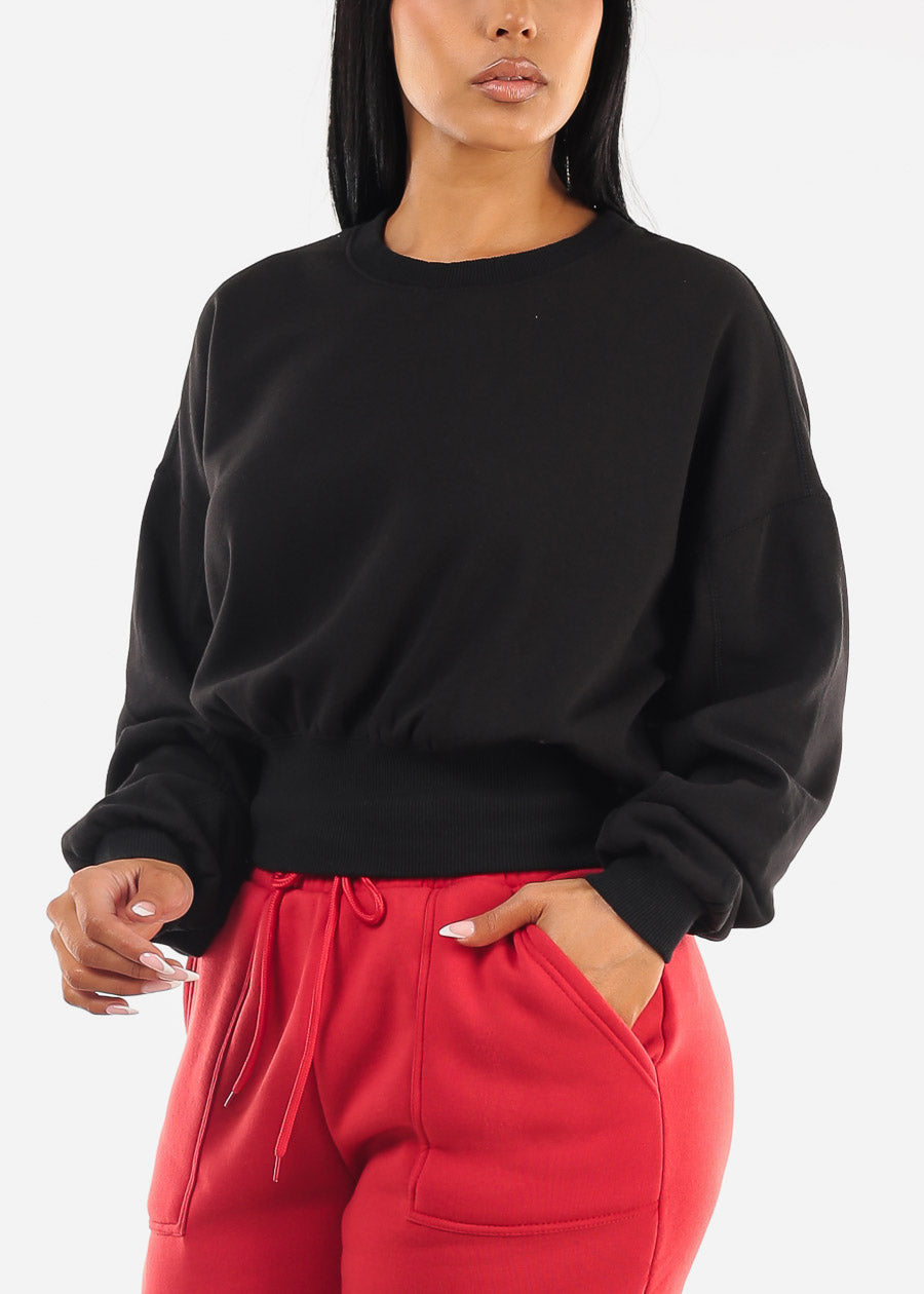 Long Sleeve Black Crewneck Fleece Sweatshirt